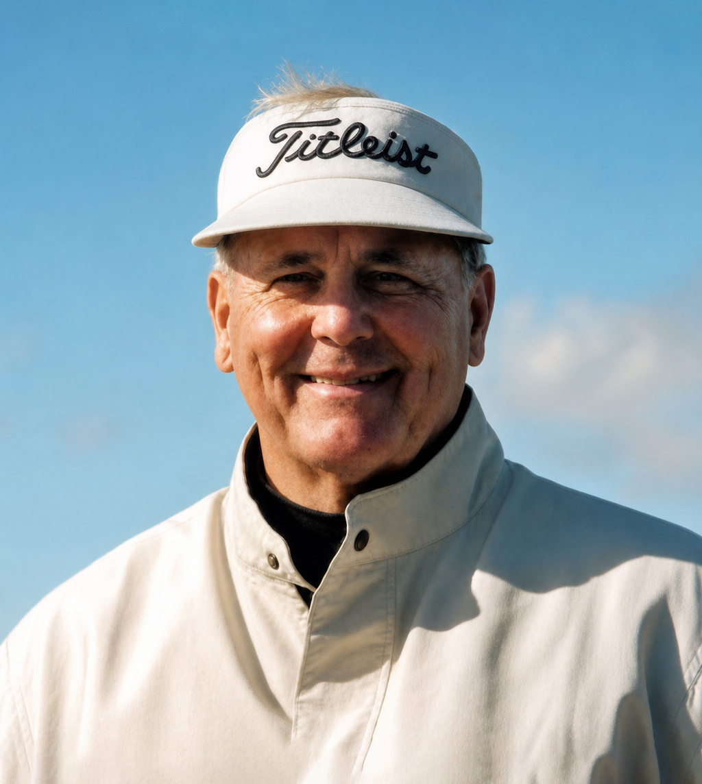 Jack O’Neill smiling outdoors in a light jacket and white Titleist visor against a blue sky.